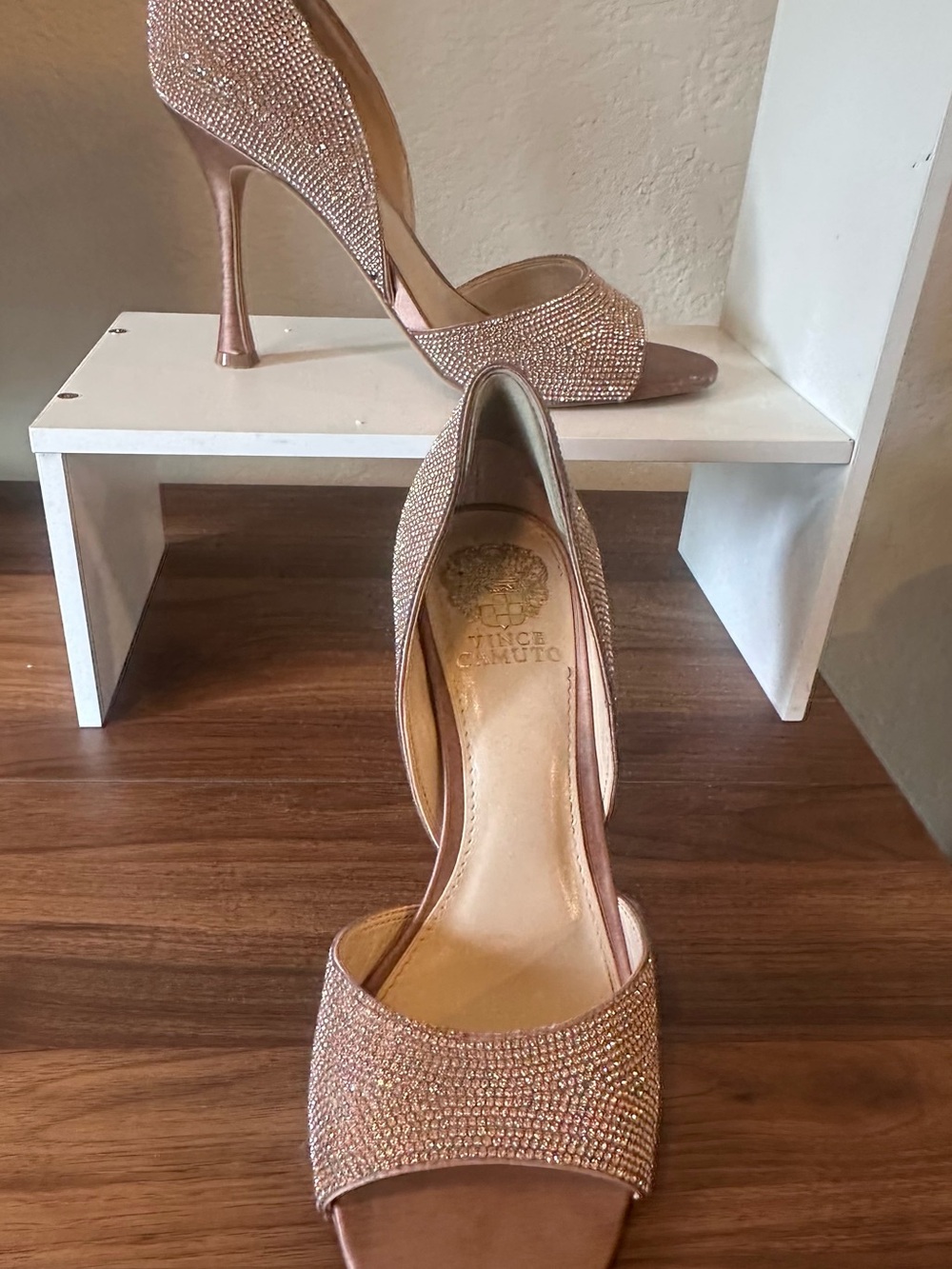 Vince Camuto Rose Gold Crystal Open-Toe Stiletto Heels